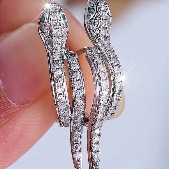 White Green Zircon Stone Snake Hoop Earrings Silver Wedding Jewelry For Women - Picture 3 of 13